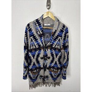 Alia Woman M Southwestern Aztec Cardigan Sweater Knit Fringe Toggle Shawl